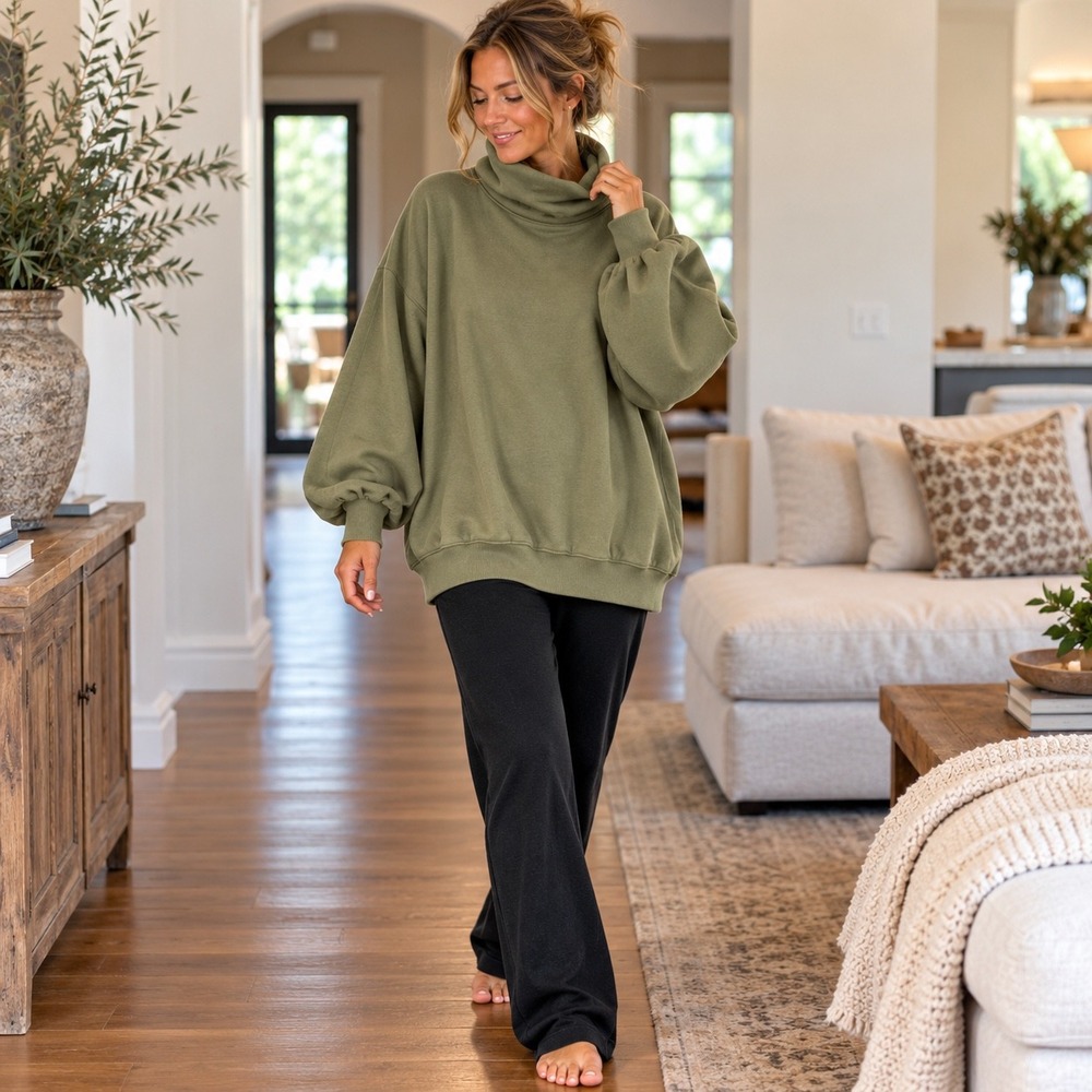 NAP Loungewear Boxy Turtleneck Sweatshirt XL Olive Green Oversized Puff Sleeve